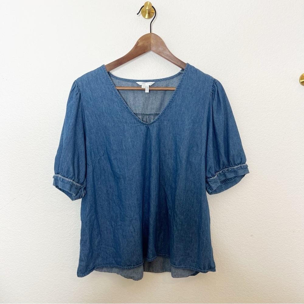 Draper James Heidi V-Neck Chambray Denim Puff Sleeve Top L - Picture 3 of 8